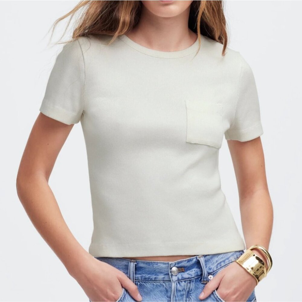 NWT Madewell Pocket Tee XS Garment-Dyed Ribbed Crewneck Ivory Cream Slim T-Shirt
